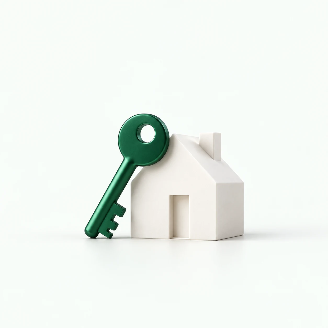 A minimal white house with a sculptural emerald key
