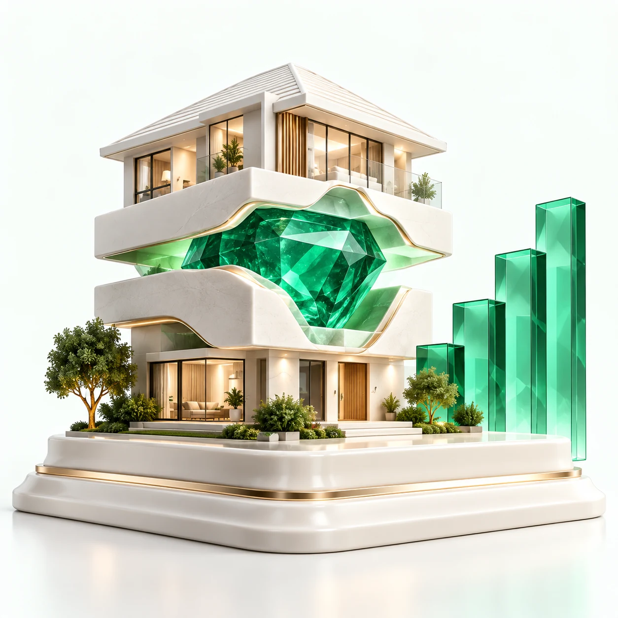A white house opened to reveal an emerald core