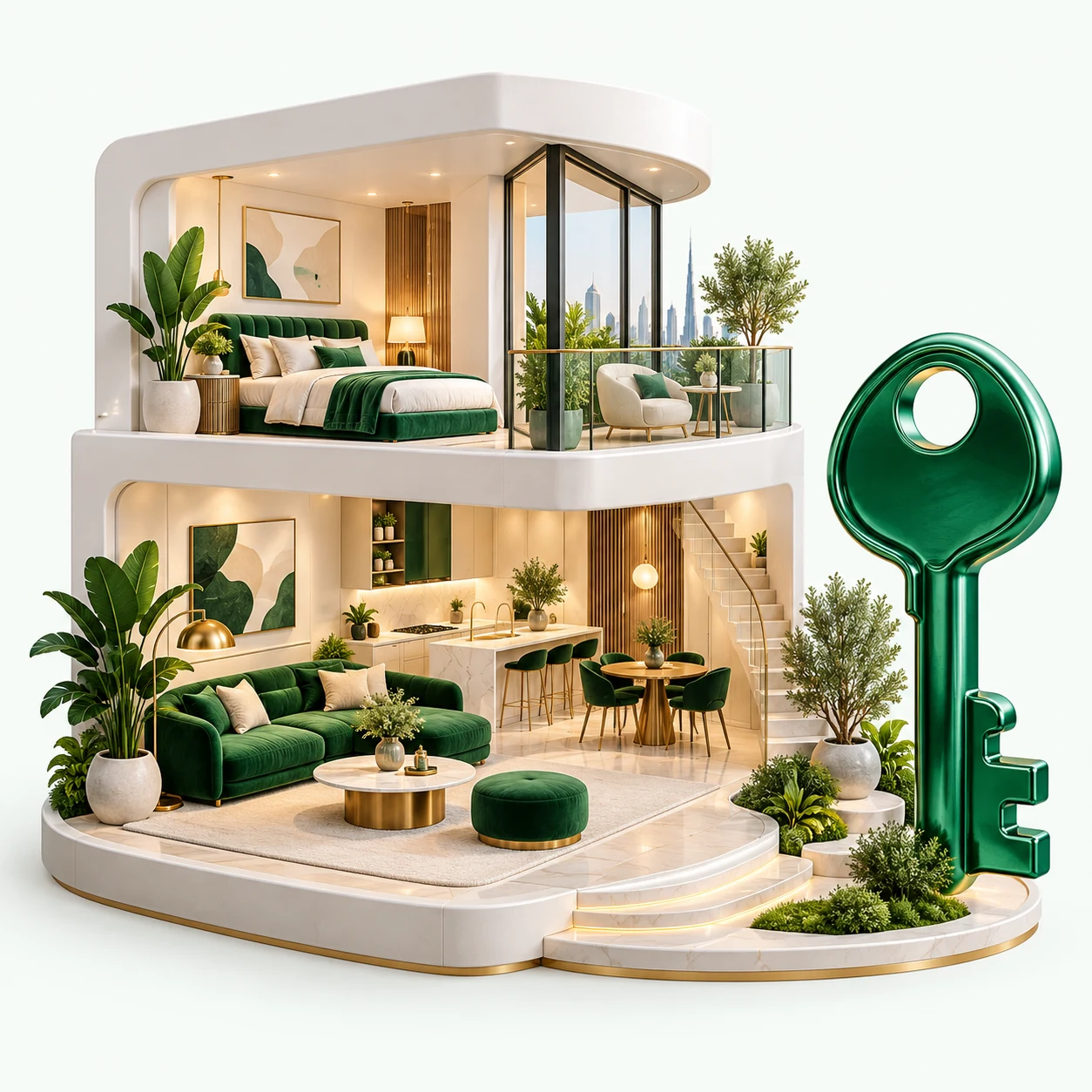 A white apartment with emerald furnishings and a sculptural key