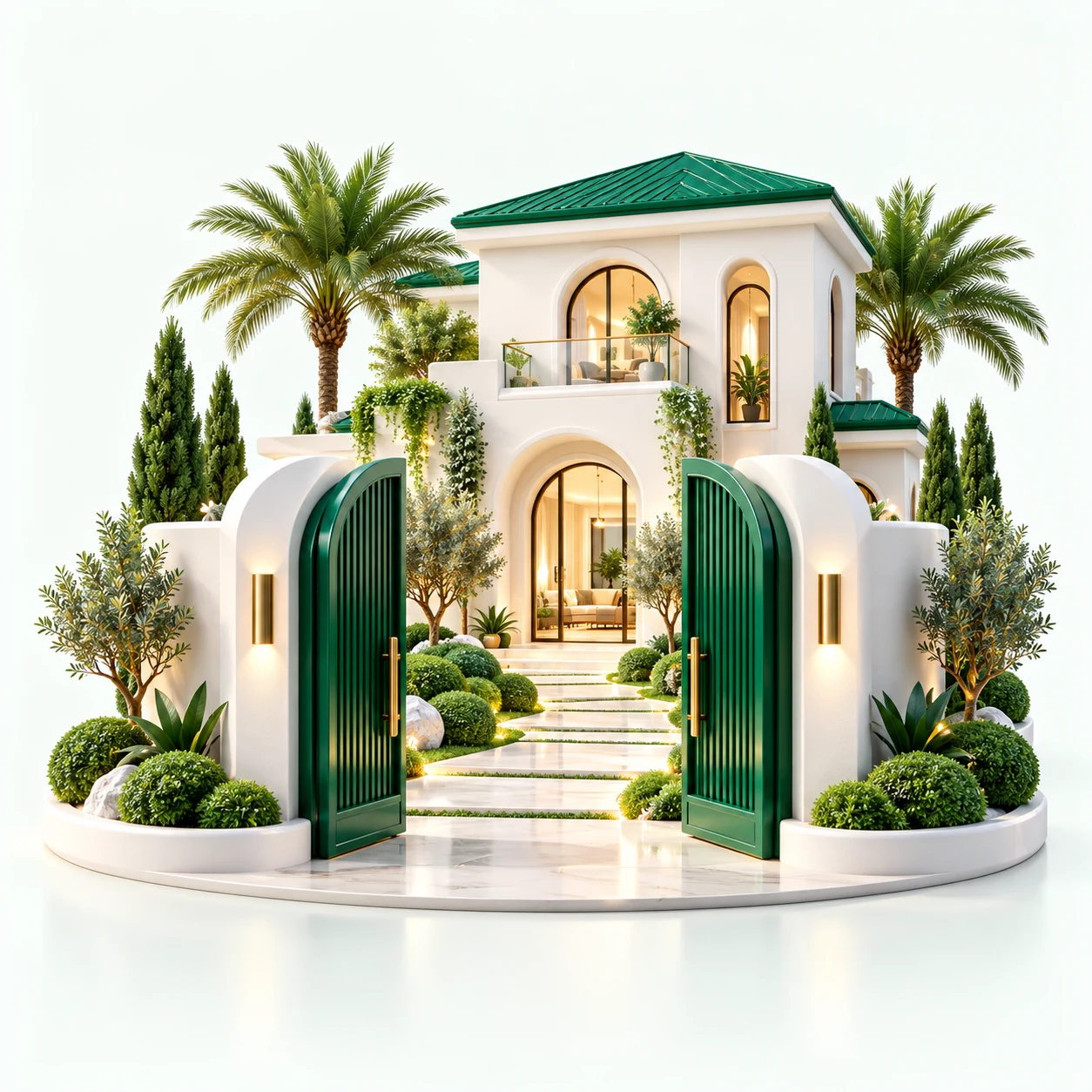 Sculptural emerald gateway and a miniature white villa